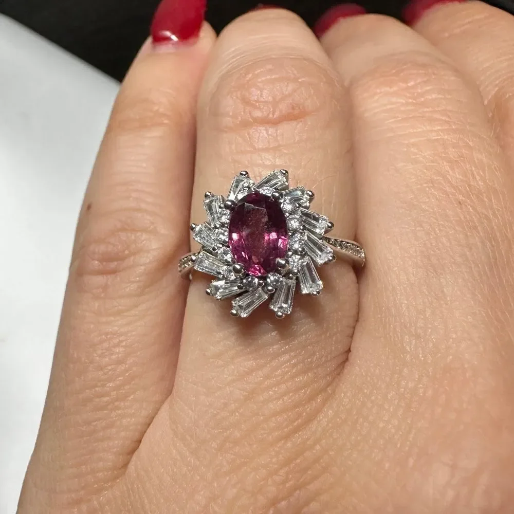 Genuine 1ct‎ rhodalite garnet, CZ diamonds all set in solid .925 ring!